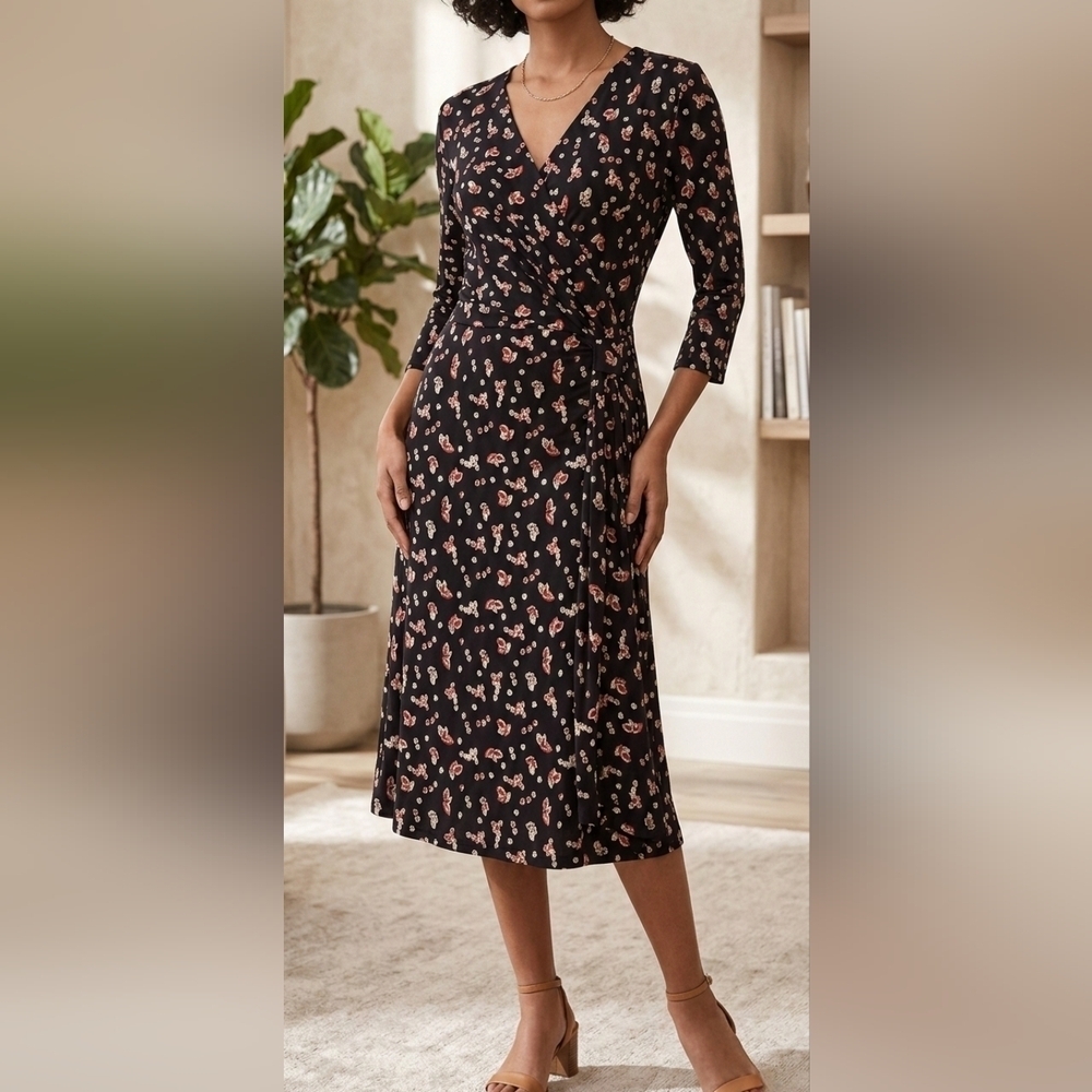 NWOT Hail3y:23 Midi Wrap Dress MEDIUM Black & Red Floral